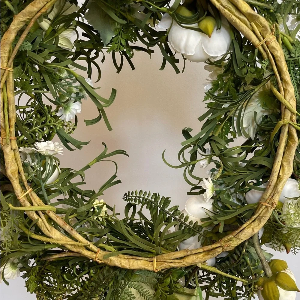 Elegant Upcycled Green and White Floral Wreath